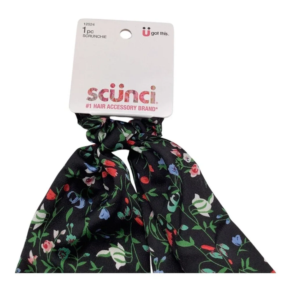 Scunci U Got This Women's Black Floral Satin Hair Scrunchie Scarf 12524